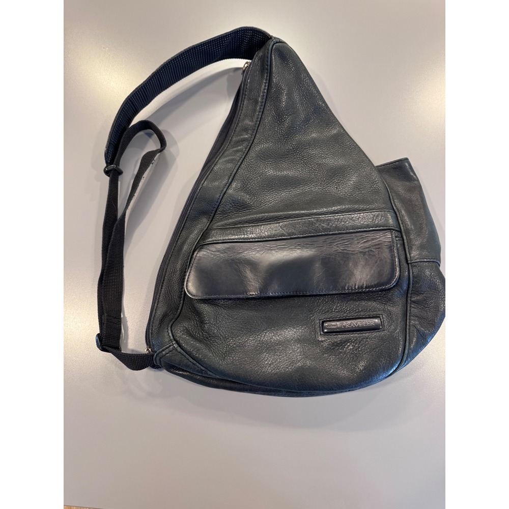 LL Bean Traveler Healthy Back Bag AmeriBag Black Leather Sling 0PX84